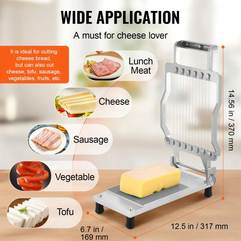 VEVOR Cheese Cutter with Wire, 0.39" & 0.78" Cheeser Butter Cutting Blade, Detachable Cheese Slicer Wire, Aluminum Alloy Commercial Cheese Slicer with 316 Stainless Steel Knife Wire, Kitchen Cooking