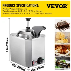 VEVOR Cheese Dispenser with Pump, 2.6 Qt Capacity Cheese Warmer, Stainless Steel Hot Fudge Warmer with Pump 650W Cheese Dispenser, 30-110℃ Temp Adjustable, for Hot Fudge Cheese Caramel