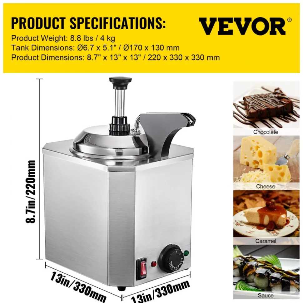 VEVOR Cheese Dispenser with Pump, 2.6 Qt Capacity Cheese Warmer, Stainless Steel Hot Fudge Warmer with Pump 650W Cheese Dispenser, 30-110℃ Temp Adjustable, for Hot Fudge Cheese Caramel