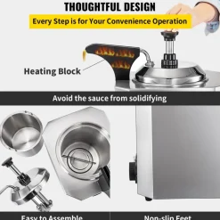 VEVOR Cheese Dispenser with Pump, 2.6 Qt Capacity Cheese Warmer, Stainless Steel Hot Fudge Warmer with Pump 650W Cheese Dispenser, 30-110℃ Temp Adjustable, for Hot Fudge Cheese Caramel