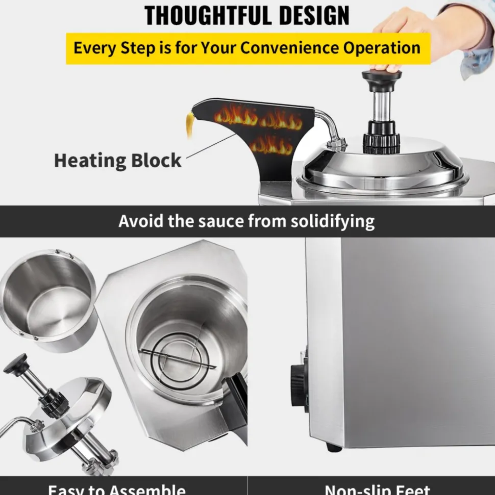 VEVOR Cheese Dispenser with Pump, 2.6 Qt Capacity Cheese Warmer, Stainless Steel Hot Fudge Warmer with Pump 650W Cheese Dispenser, 30-110℃ Temp Adjustable, for Hot Fudge Cheese Caramel
