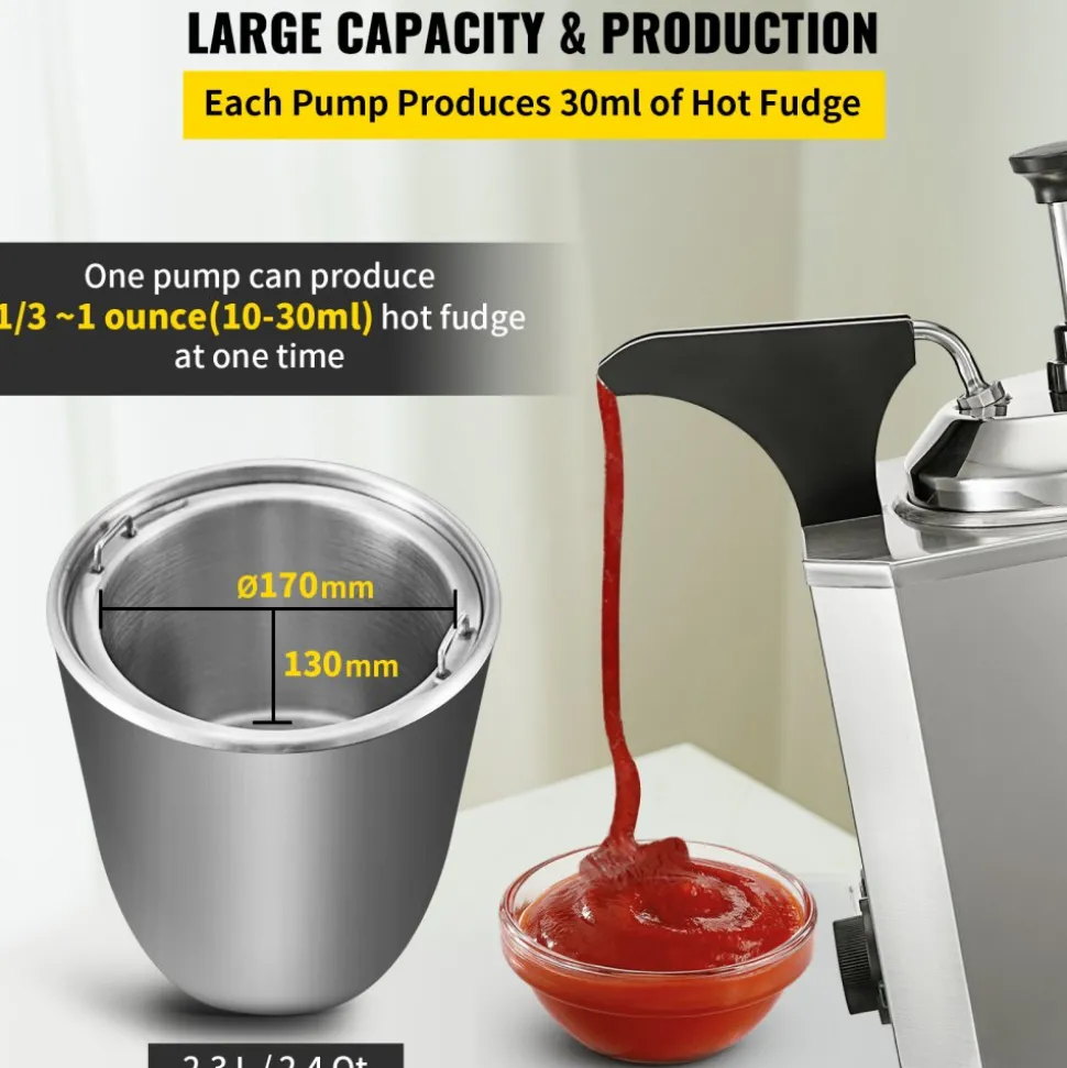 VEVOR Cheese Dispenser with Pump, 2.6 Qt Capacity Cheese Warmer, Stainless Steel Hot Fudge Warmer with Pump 650W Cheese Dispenser, 30-110℃ Temp Adjustable, for Hot Fudge Cheese Caramel