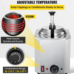 VEVOR Cheese Dispenser with Pump, 2.6 Qt Capacity Cheese Warmer, Stainless Steel Hot Fudge Warmer with Pump 650W Cheese Dispenser, 30-110℃ Temp Adjustable, for Hot Fudge Cheese Caramel