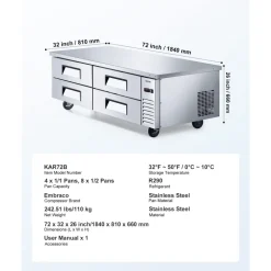 VEVOR Chef Base Refrigerator, 72" W Commercial Chef Bases Worktop Refrigerators, 4-Drawer Under Counter Fridge with 12 Pans Stainless Steel, Heavy-Duty Refrigerated Base, Invisible Door Handle