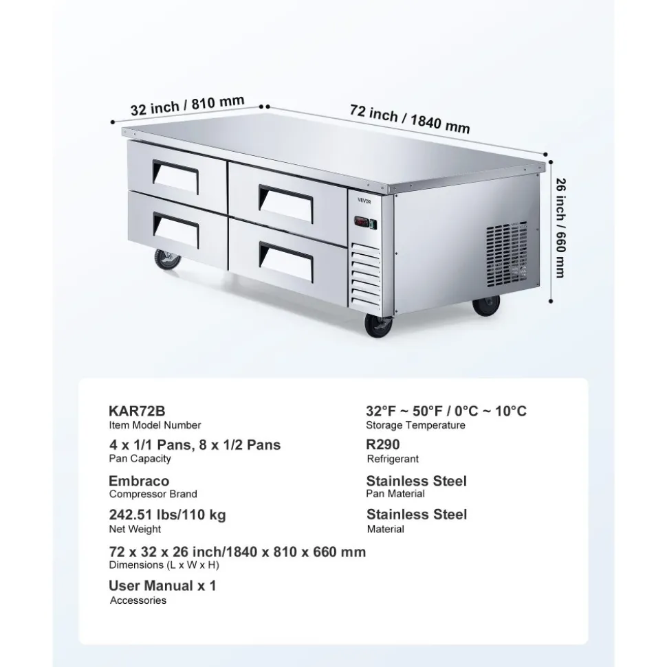 VEVOR Chef Base Refrigerator, 72" W Commercial Chef Bases Worktop Refrigerators, 4-Drawer Under Counter Fridge with 12 Pans Stainless Steel, Heavy-Duty Refrigerated Base, Invisible Door Handle