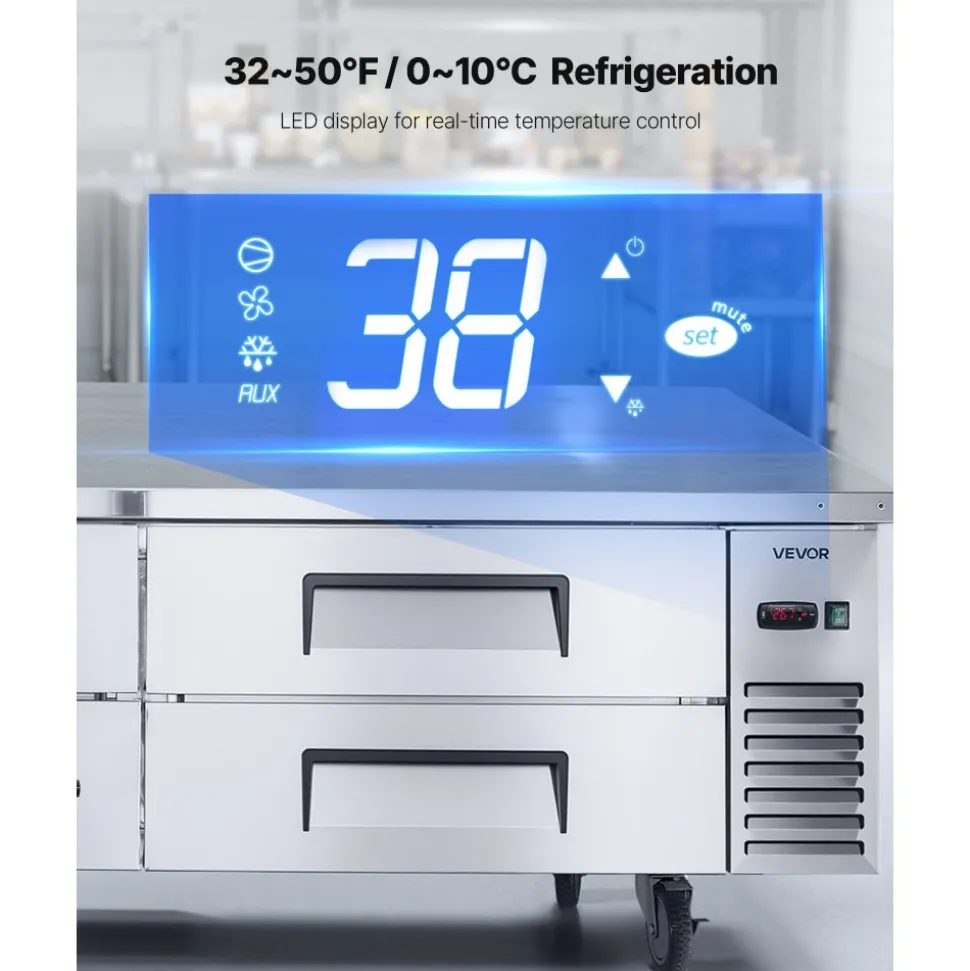 VEVOR Chef Base Refrigerator, 72" W Commercial Chef Bases Worktop Refrigerators, 4-Drawer Under Counter Fridge with 12 Pans Stainless Steel, Heavy-Duty Refrigerated Base, Invisible Door Handle