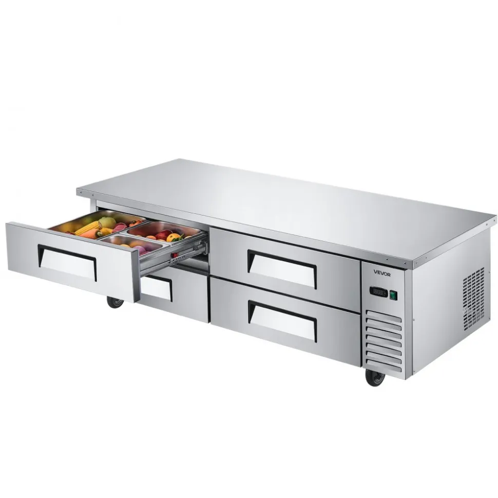 VEVOR Chef Base Refrigerator, 72" W Commercial Chef Bases Worktop Refrigerators, 4-Drawer Under Counter Fridge with 12 Pans Stainless Steel, Heavy-Duty Refrigerated Base, Invisible Door Handle