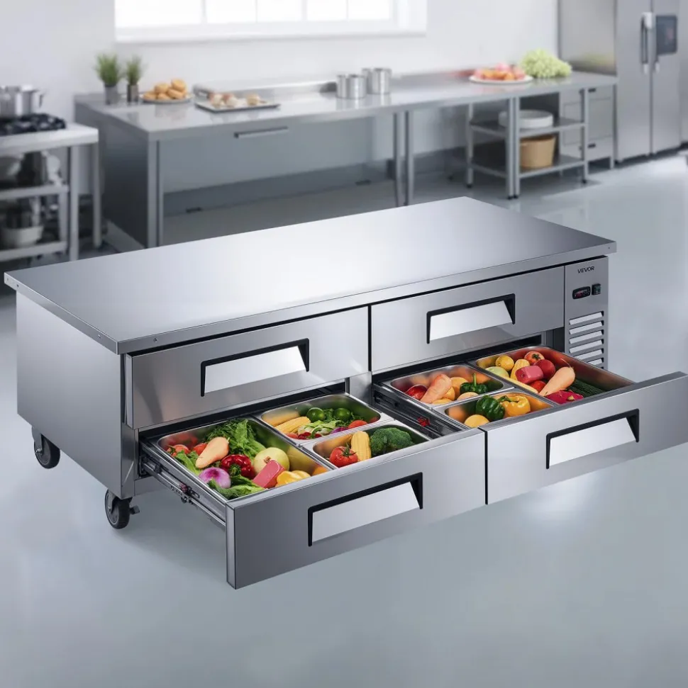 VEVOR Chef Base Refrigerator, 72" W Commercial Chef Bases Worktop Refrigerators, 4-Drawer Under Counter Fridge with 12 Pans Stainless Steel, Heavy-Duty Refrigerated Base, Invisible Door Handle