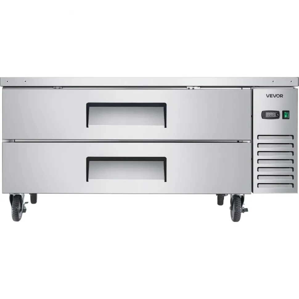 VEVOR Chef Base Refrigerator, 52" W Commercial Chef Bases Worktop Refrigerators, 2-Drawer Under Counter Fridge with 8 Pans Stainless Steel, Heavy-Duty Refrigerated Base, Invisible Door Handle