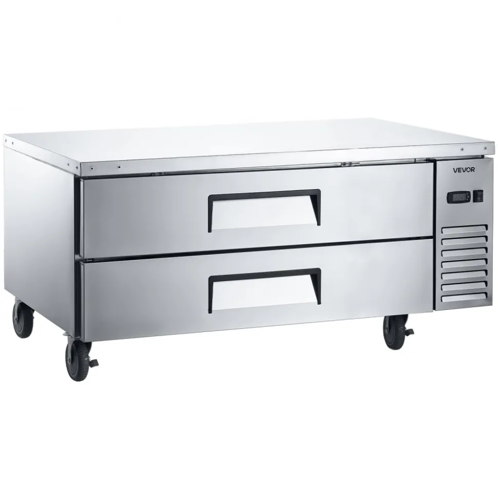 VEVOR Chef Base Refrigerator, 52" W Commercial Chef Bases Worktop Refrigerators, 2-Drawer Under Counter Fridge with 8 Pans Stainless Steel, Heavy-Duty Refrigerated Base, Invisible Door Handle