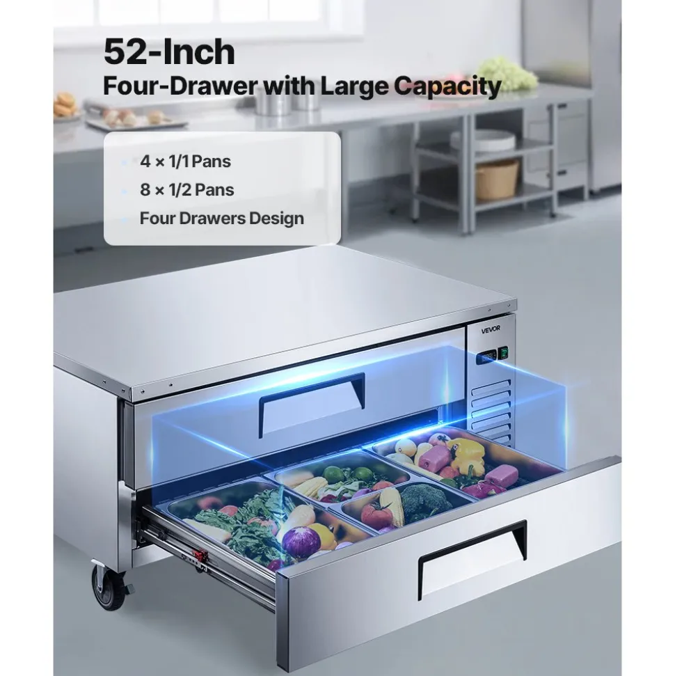 VEVOR Chef Base Refrigerator, 52" W Commercial Chef Bases Worktop Refrigerators, 2-Drawer Under Counter Fridge with 8 Pans Stainless Steel, Heavy-Duty Refrigerated Base, Invisible Door Handle