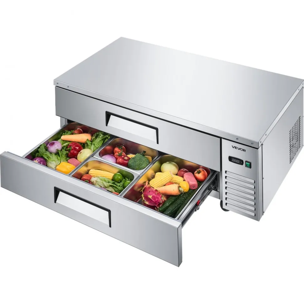 VEVOR Chef Base Refrigerator, 52" W Commercial Chef Bases Worktop Refrigerators, 2-Drawer Under Counter Fridge with 8 Pans Stainless Steel, Heavy-Duty Refrigerated Base, Invisible Door Handle