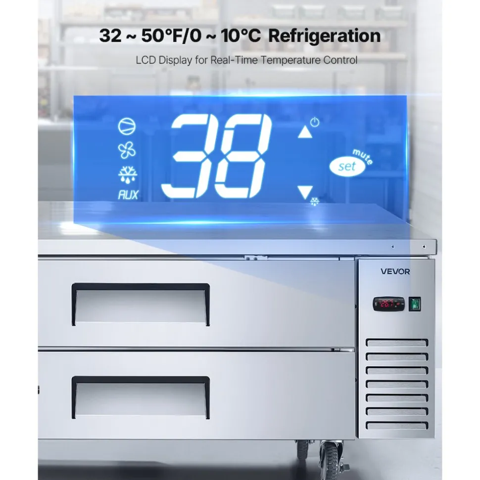 VEVOR Chef Base Refrigerator, 52" W Commercial Chef Bases Worktop Refrigerators, 2-Drawer Under Counter Fridge with 8 Pans Stainless Steel, Heavy-Duty Refrigerated Base, Invisible Door Handle