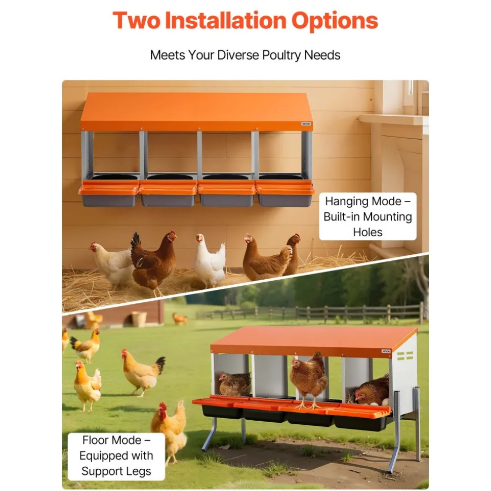 VEVOR Chicken Nesting Boxes, 4 Compartments, with Support Legs, Easy Egg Collection, Galvanized Steel and High-Strength Plastic, Roll Away Nesting Boxes for Chickens and Hens Laying Eggs, Orange