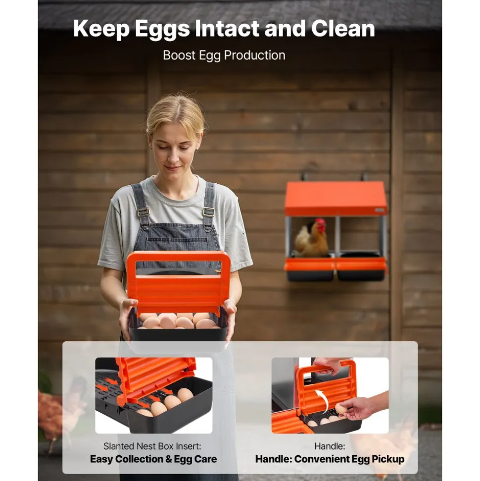 VEVOR Chicken Nesting Boxes, 2 Compartments, Easy Egg Collection, Wall Mount, Easy to Assemble, Galvanized Steel and High-Strength Plastic, Roll Away Nesting Boxes for Chickens Laying Eggs, Orange