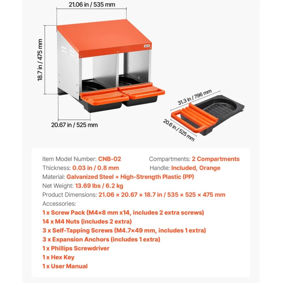 VEVOR Chicken Nesting Boxes, 2 Compartments, Easy Egg Collection, Wall Mount, Easy to Assemble, Galvanized Steel and High-Strength Plastic, Roll Away Nesting Boxes for Chickens Laying Eggs, Orange