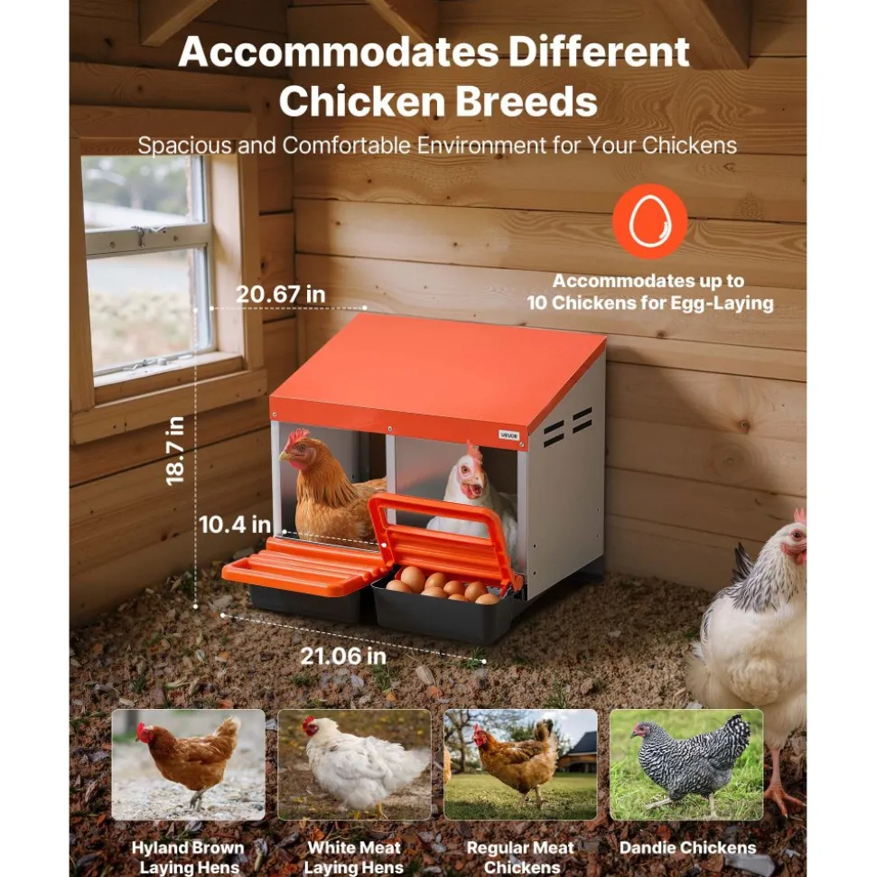 VEVOR Chicken Nesting Boxes, 2 Compartments, Easy Egg Collection, Wall Mount, Easy to Assemble, Galvanized Steel and High-Strength Plastic, Roll Away Nesting Boxes for Chickens Laying Eggs, Orange