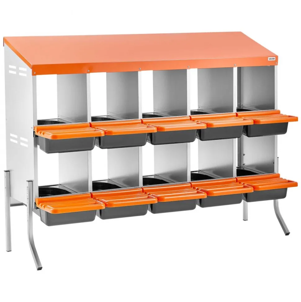 VEVOR Chicken Nesting Boxes, 10 Compartments, with Support Legs, Easy Egg Collection, Galvanized Steel and High-Strength Plastic, Roll Away Nesting Boxes for Chickens and Hens Laying Eggs, Orange