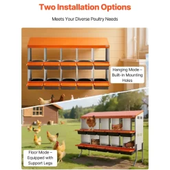 VEVOR Chicken Nesting Boxes, 10 Compartments, with Support Legs, Easy Egg Collection, Galvanized Steel and High-Strength Plastic, Roll Away Nesting Boxes for Chickens and Hens Laying Eggs, Orange