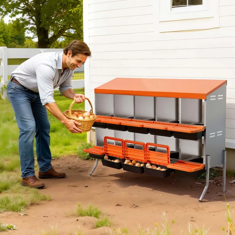 VEVOR Chicken Nesting Boxes, 10 Compartments, with Support Legs, Easy Egg Collection, Galvanized Steel and High-Strength Plastic, Roll Away Nesting Boxes for Chickens and Hens Laying Eggs, Orange