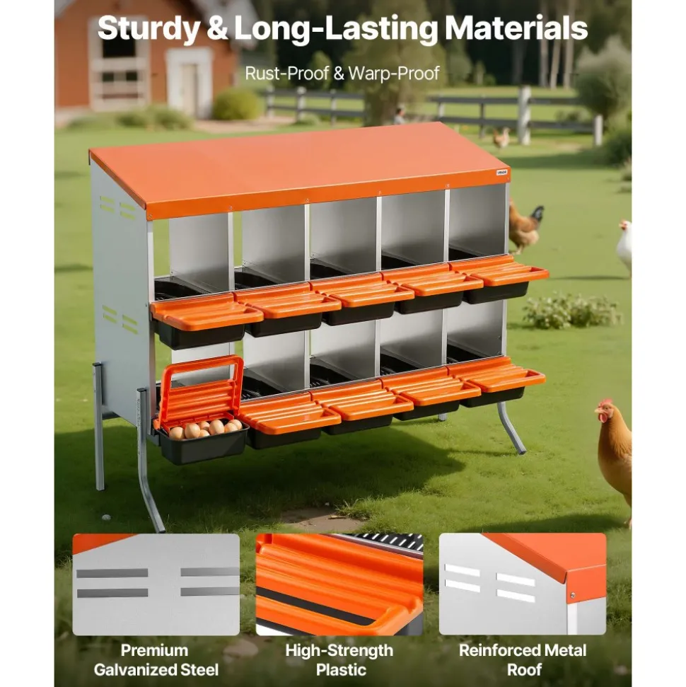 VEVOR Chicken Nesting Boxes, 10 Compartments, with Support Legs, Easy Egg Collection, Galvanized Steel and High-Strength Plastic, Roll Away Nesting Boxes for Chickens and Hens Laying Eggs, Orange