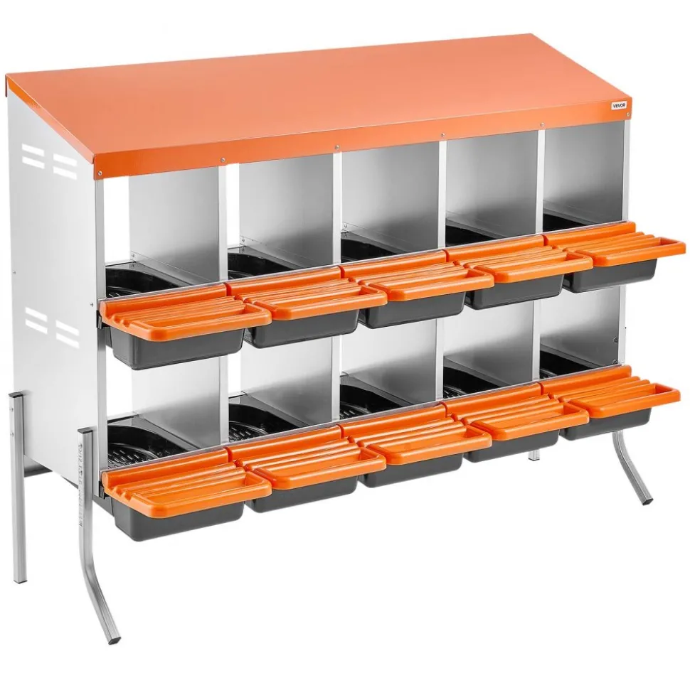 VEVOR Chicken Nesting Boxes, 10 Compartments, with Support Legs, Easy Egg Collection, Galvanized Steel and High-Strength Plastic, Roll Away Nesting Boxes for Chickens and Hens Laying Eggs, Orange