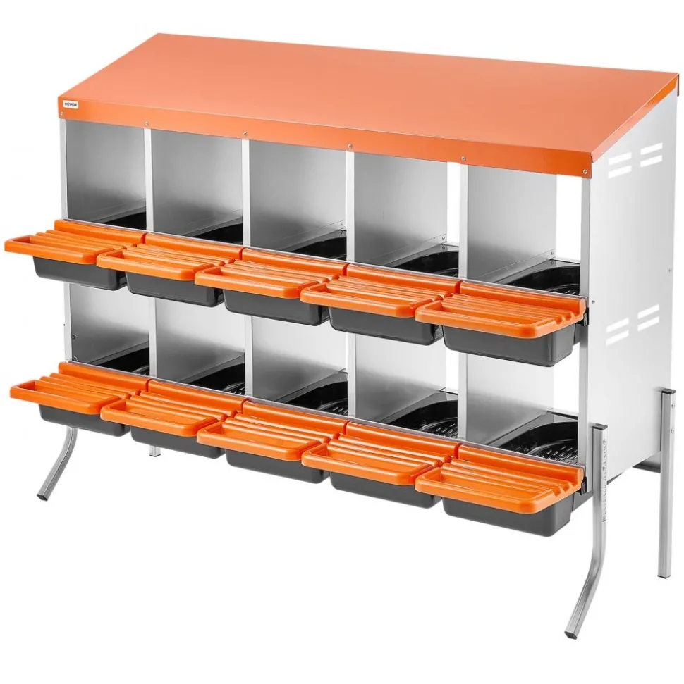 VEVOR Chicken Nesting Boxes, 10 Compartments, with Support Legs, Easy Egg Collection, Galvanized Steel and High-Strength Plastic, Roll Away Nesting Boxes for Chickens and Hens Laying Eggs, Orange