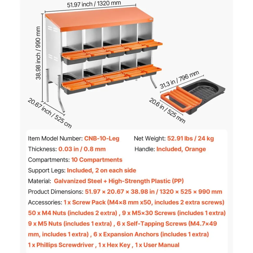 VEVOR Chicken Nesting Boxes, 10 Compartments, with Support Legs, Easy Egg Collection, Galvanized Steel and High-Strength Plastic, Roll Away Nesting Boxes for Chickens and Hens Laying Eggs, Orange