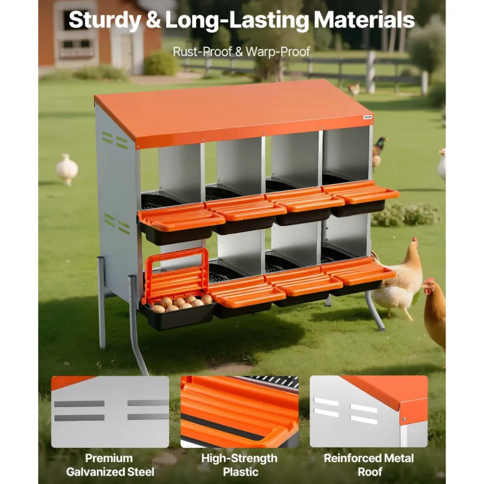 VEVOR Chicken Nesting Boxes, 8 Compartments, with Support Legs, Easy Egg Collection, Galvanized Steel and High-Strength Plastic, Roll Away Nesting Boxes for Chickens and Hens Laying Eggs, Orange