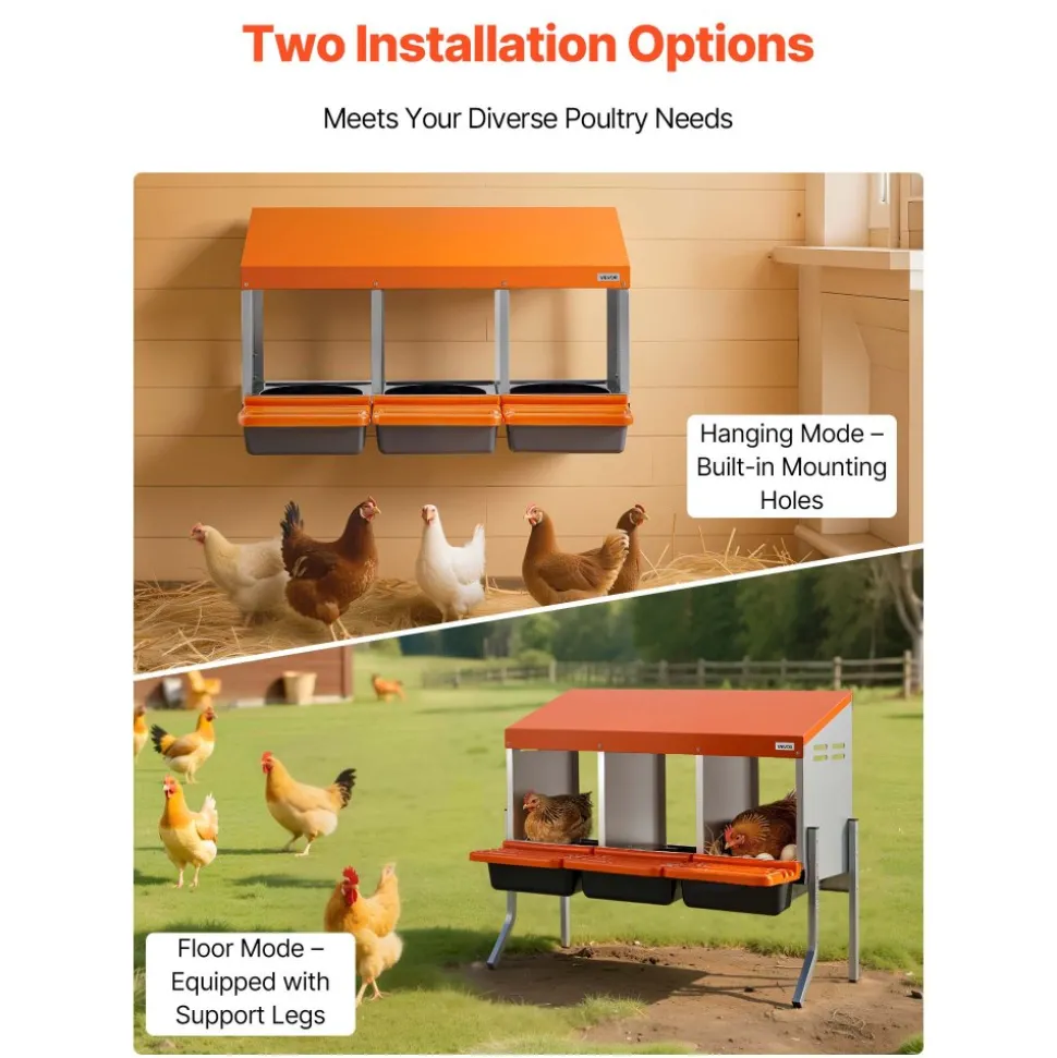 VEVOR Chicken Nesting Boxes, 3 Compartments, with Support Legs, Easy Egg Collection, Galvanized Steel and High-Strength Plastic, Roll Away Nesting Boxes for Chickens and Hens Laying Eggs, Orange