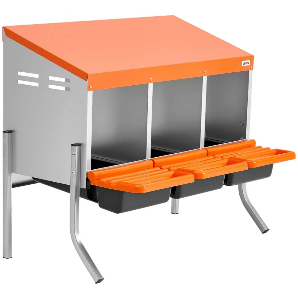 VEVOR Chicken Nesting Boxes, 3 Compartments, with Support Legs, Easy Egg Collection, Galvanized Steel and High-Strength Plastic, Roll Away Nesting Boxes for Chickens and Hens Laying Eggs, Orange