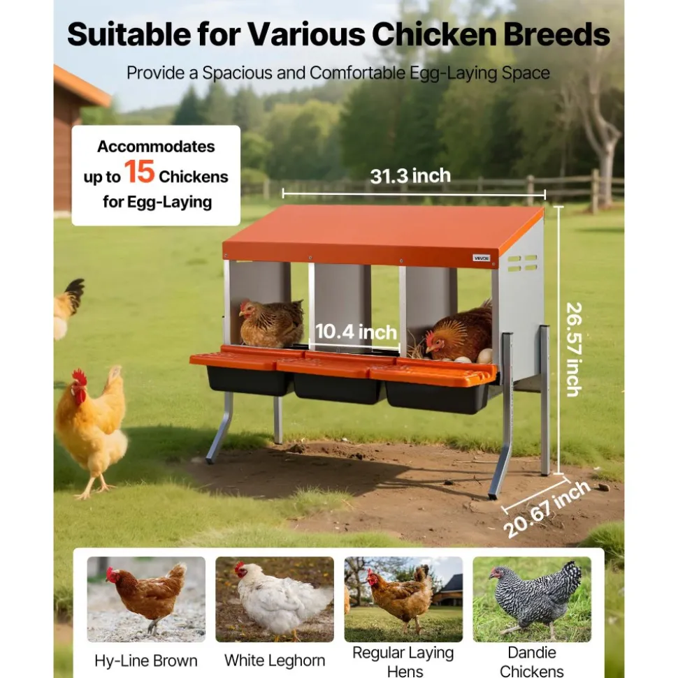 VEVOR Chicken Nesting Boxes, 3 Compartments, with Support Legs, Easy Egg Collection, Galvanized Steel and High-Strength Plastic, Roll Away Nesting Boxes for Chickens and Hens Laying Eggs, Orange
