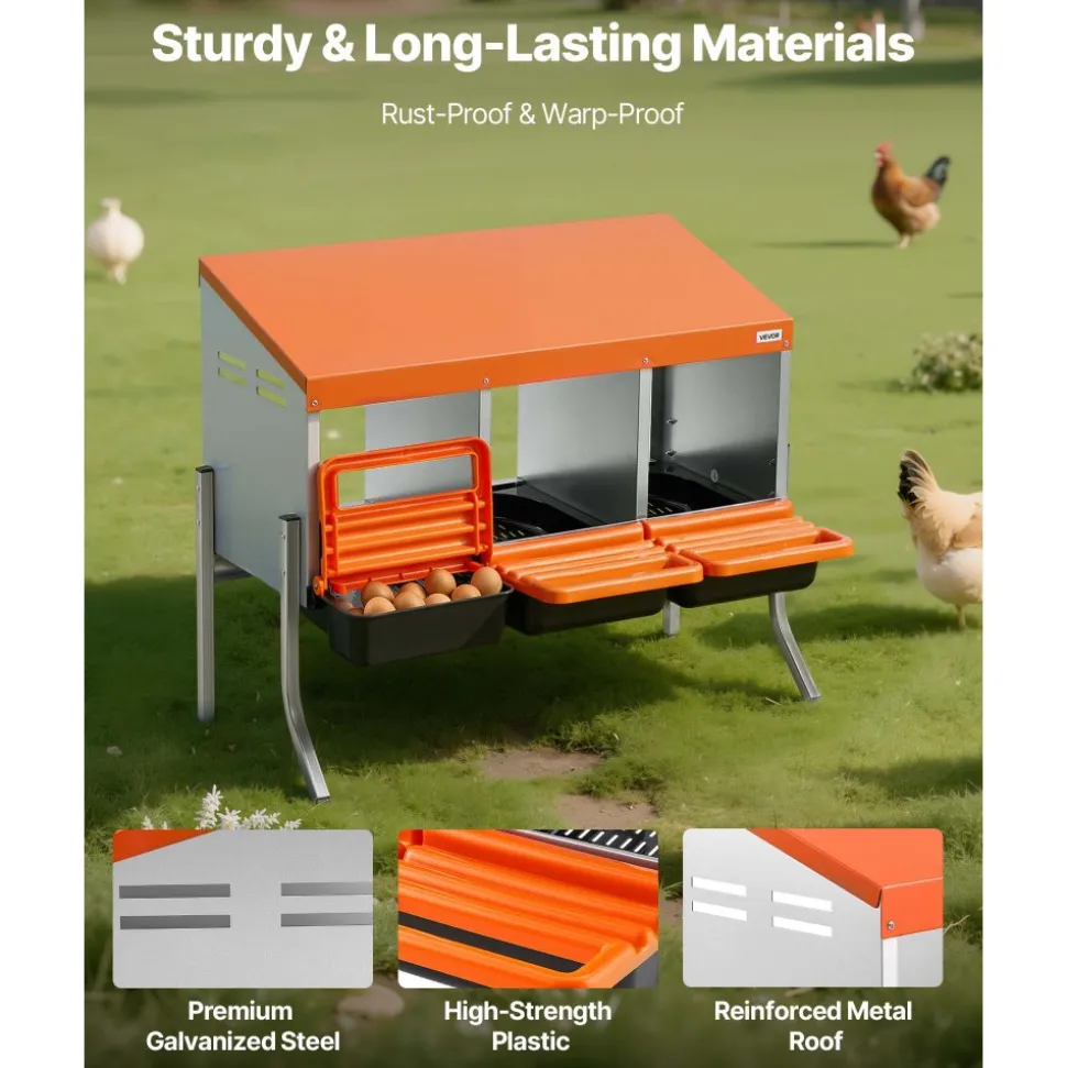 VEVOR Chicken Nesting Boxes, 3 Compartments, with Support Legs, Easy Egg Collection, Galvanized Steel and High-Strength Plastic, Roll Away Nesting Boxes for Chickens and Hens Laying Eggs, Orange