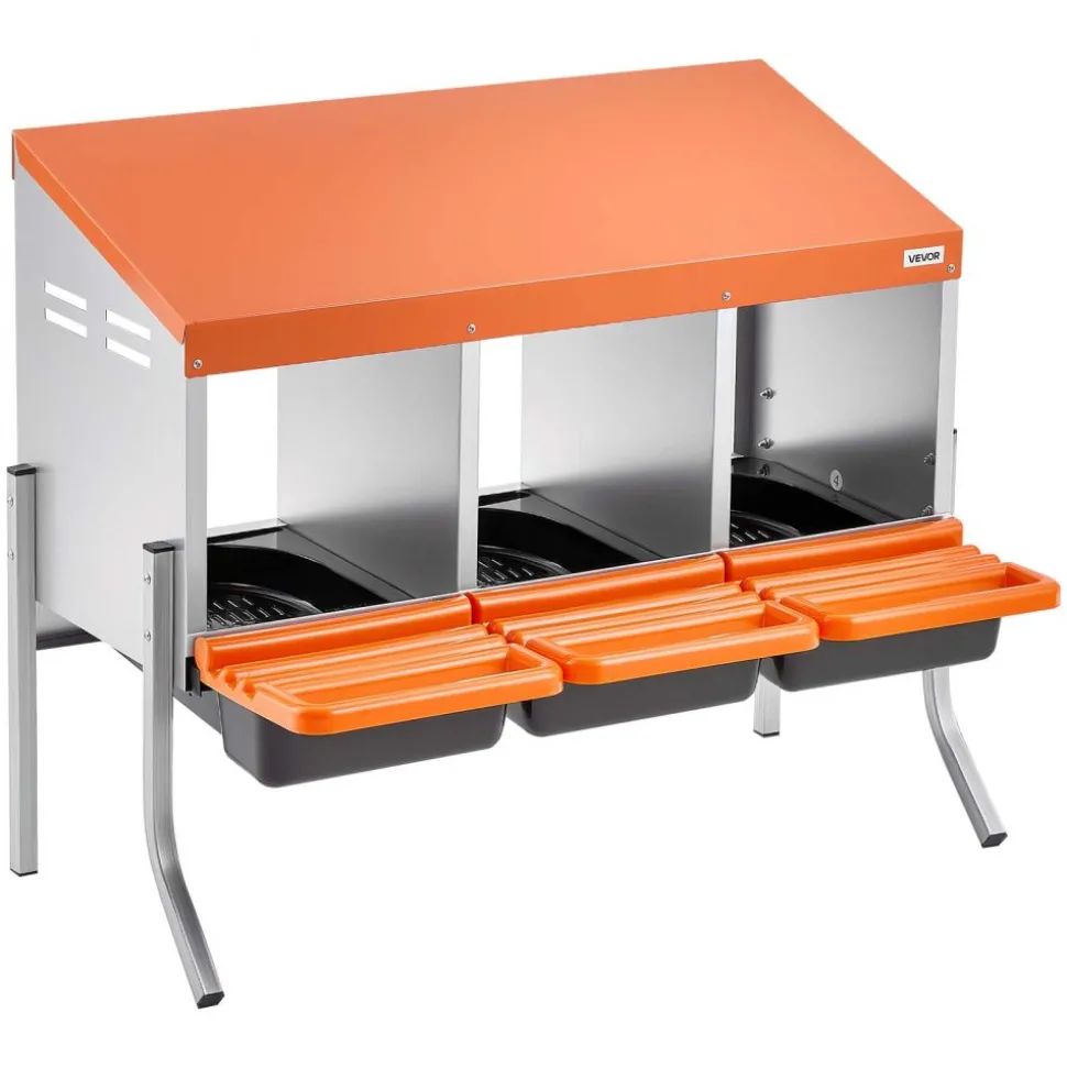 VEVOR Chicken Nesting Boxes, 3 Compartments, with Support Legs, Easy Egg Collection, Galvanized Steel and High-Strength Plastic, Roll Away Nesting Boxes for Chickens and Hens Laying Eggs, Orange