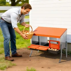 VEVOR Chicken Nesting Boxes, 3 Compartments, with Support Legs, Easy Egg Collection, Galvanized Steel and High-Strength Plastic, Roll Away Nesting Boxes for Chickens and Hens Laying Eggs, Orange