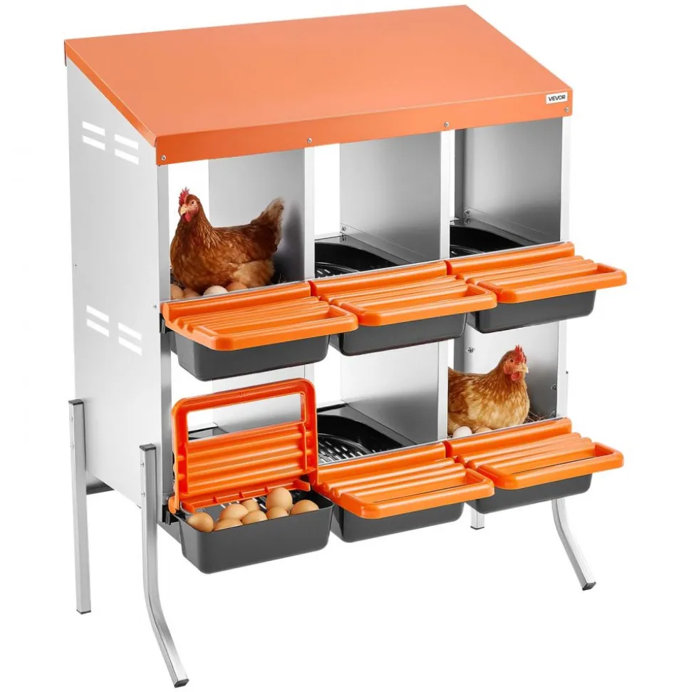 VEVOR Chicken Nesting Boxes, 6 Compartments, with Support Legs, Easy Egg Collection, Galvanized Steel and High-Strength Plastic, Roll Away Nesting Boxes for Chickens and Hens Laying Eggs, Orange