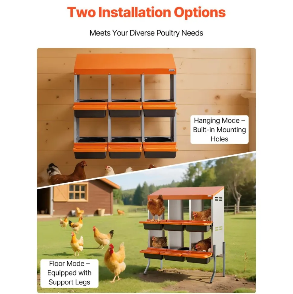 VEVOR Chicken Nesting Boxes, 6 Compartments, with Support Legs, Easy Egg Collection, Galvanized Steel and High-Strength Plastic, Roll Away Nesting Boxes for Chickens and Hens Laying Eggs, Orange