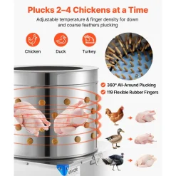 VEVOR Chicken Plucker Machine, 23.6 in Drum, 2200W & 240RPM Electric Chicken Plucking Machine with 119 Soft Fingers & Transport Wheels, Stainless Steel Feather Remover for Processing 2-4 Chicks Once