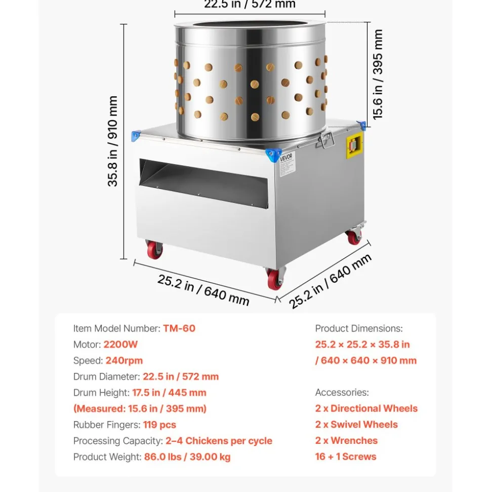 VEVOR Chicken Plucker Machine, 23.6 in Drum, 2200W & 240RPM Electric Chicken Plucking Machine with 119 Soft Fingers & Transport Wheels, Stainless Steel Feather Remover for Processing 2-4 Chicks Once