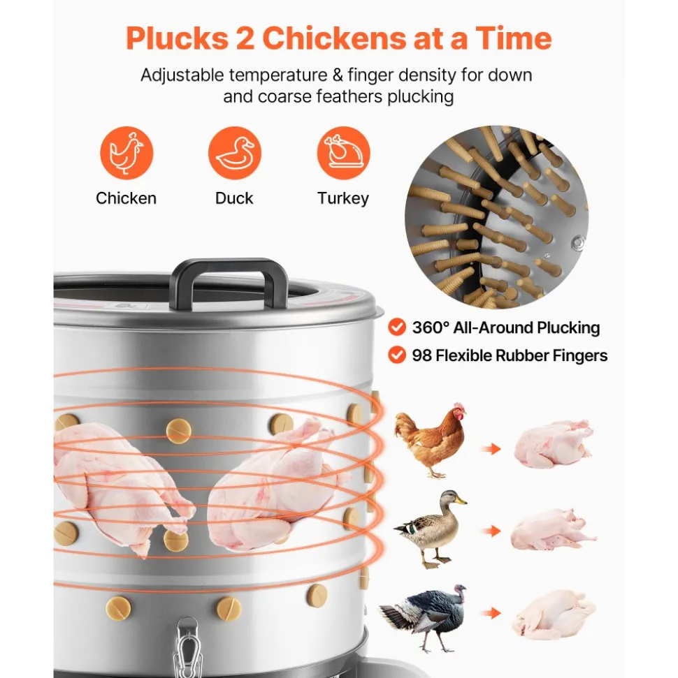VEVOR Chicken Plucker Machine, 19.7 in Drum, 750W & 275RPM Electric Chicken Plucking Machine with 98 Soft Fingers & Transport Wheels, Stainless Steel Feather Remover for Processing 2 Chicks Once