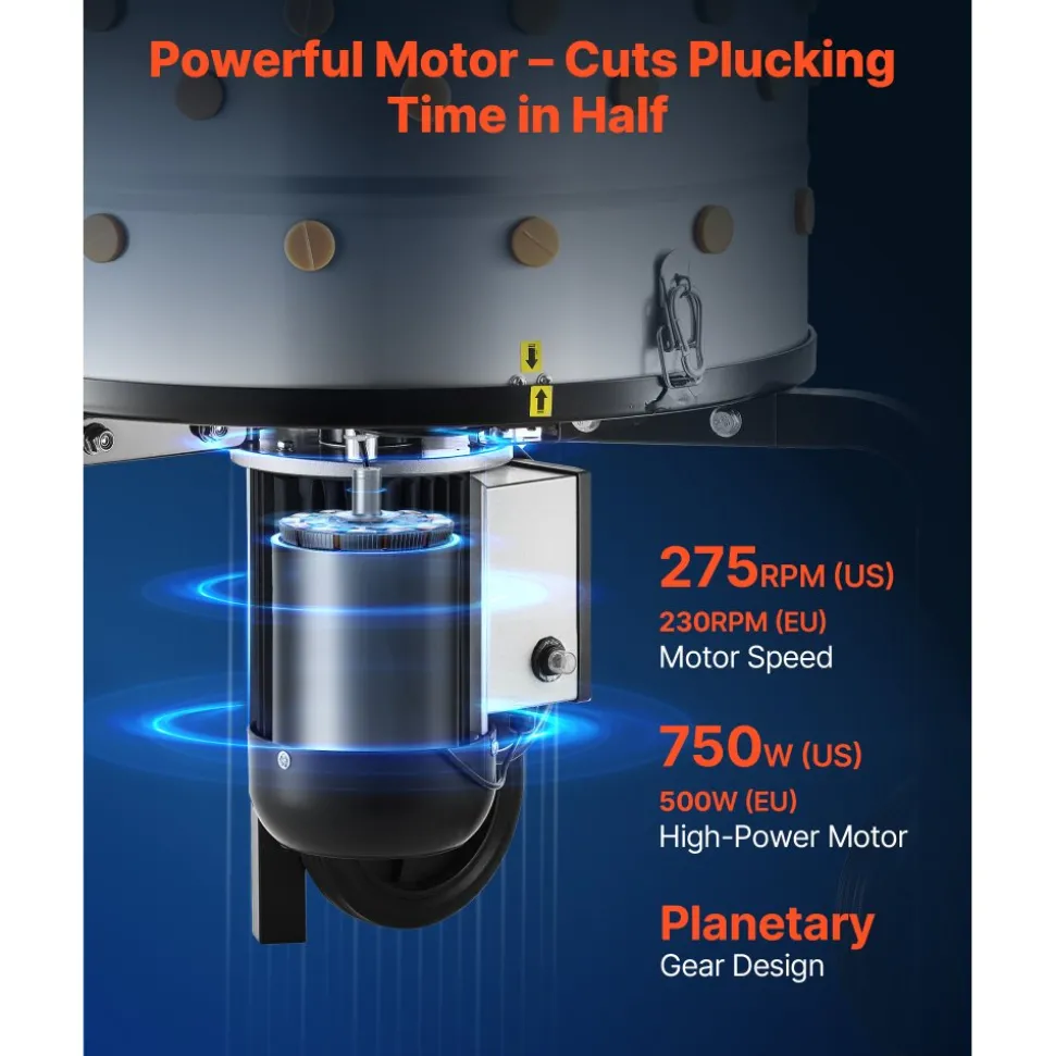 VEVOR Chicken Plucker Machine, 19.7 in Drum, 750W & 275RPM Electric Chicken Plucking Machine with 98 Soft Fingers & Transport Wheels, Stainless Steel Feather Remover for Processing 2 Chicks Once