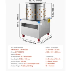 VEVOR Chicken Plucker Machine, 19.7 in Drum, 2HP & 275RPM Electric Chicken Plucking Machine with 106 Soft Fingers & Transport Wheels, Stainless Steel Feather Remover for Processing 2-4 Chicks Once