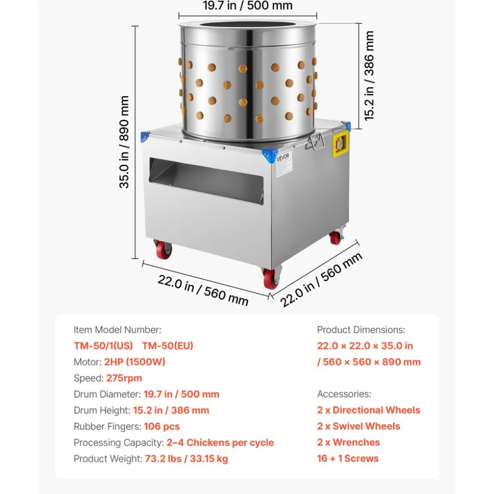 VEVOR Chicken Plucker Machine, 19.7 in Drum, 2HP & 275RPM Electric Chicken Plucking Machine with 106 Soft Fingers & Transport Wheels, Stainless Steel Feather Remover for Processing 2-4 Chicks Once