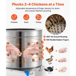 VEVOR Chicken Plucker Machine, 19.7 in Drum, 2HP & 275RPM Electric Chicken Plucking Machine with 106 Soft Fingers & Transport Wheels, Stainless Steel Feather Remover for Processing 2-4 Chicks Once