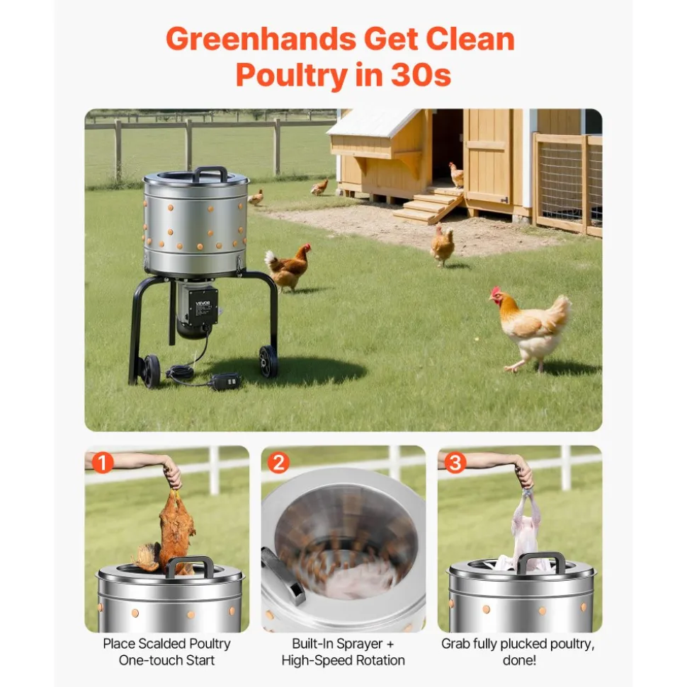 VEVOR Chicken Plucker Machine, 15.7 in Drum, 550W & 275RPM Electric Chicken Plucking Machine with 114 Soft Fingers & Transport Wheels, Stainless Steel Feather Remover for Processing 1-2 Chicks Once