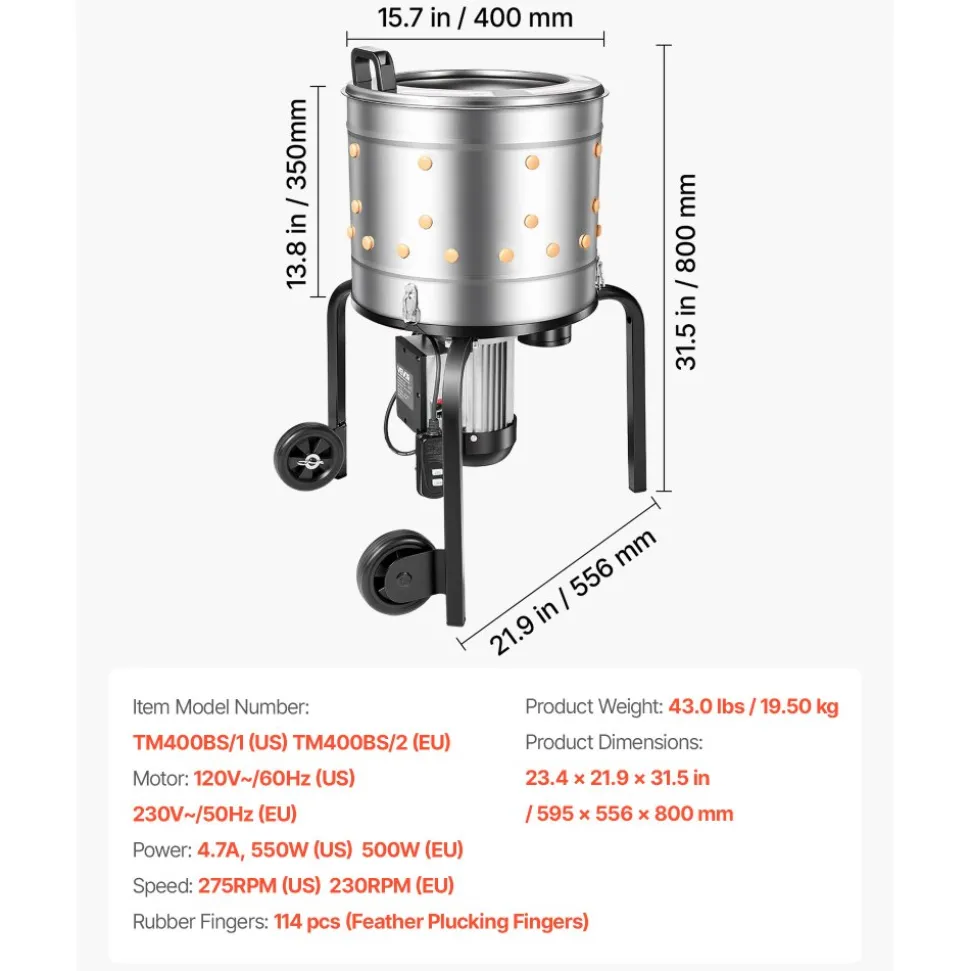 VEVOR Chicken Plucker Machine, 15.7 in Drum, 550W & 275RPM Electric Chicken Plucking Machine with 114 Soft Fingers & Transport Wheels, Stainless Steel Feather Remover for Processing 1-2 Chicks Once