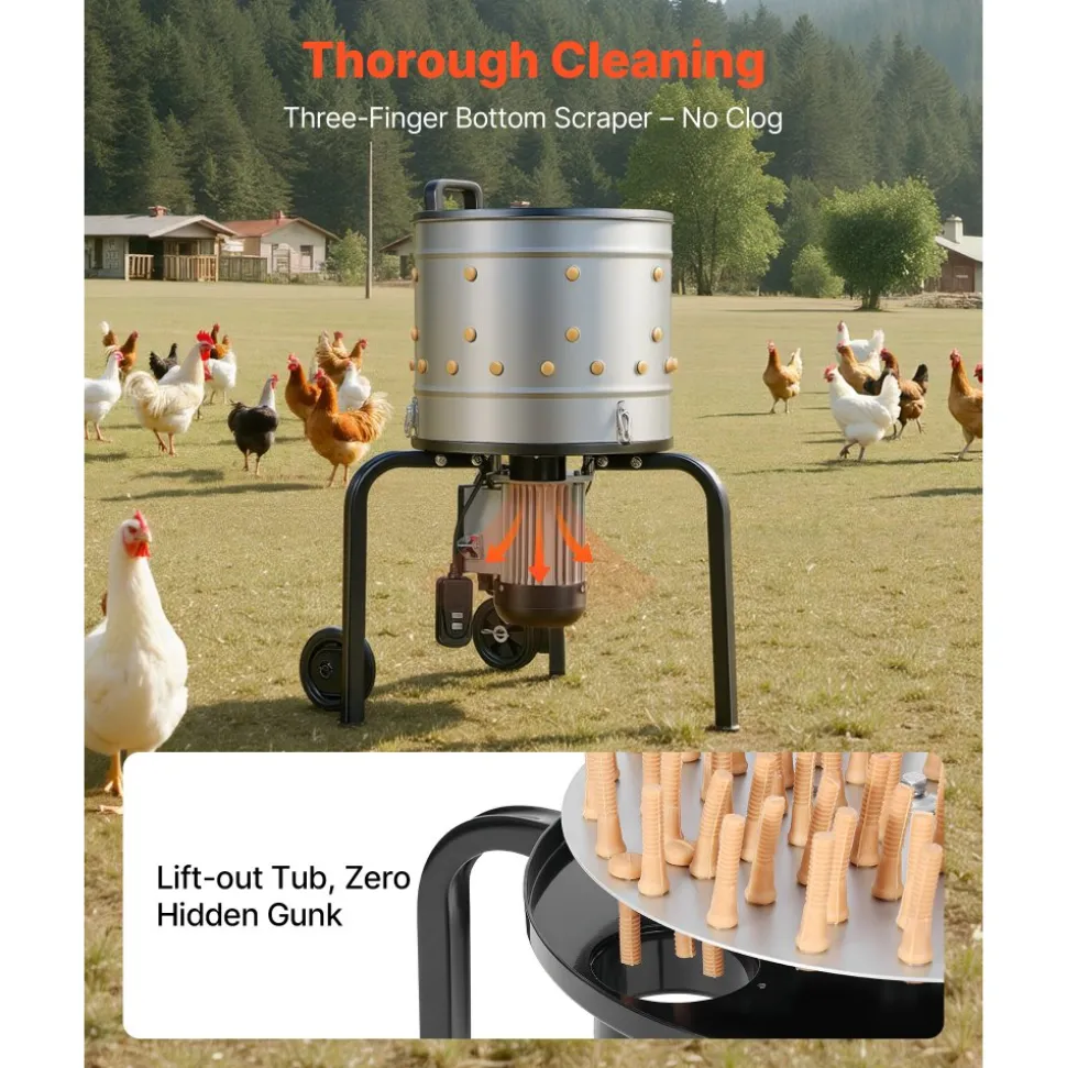 VEVOR Chicken Plucker Machine, 15.7 in Drum, 550W & 275RPM Electric Chicken Plucking Machine with 114 Soft Fingers & Transport Wheels, Stainless Steel Feather Remover for Processing 1-2 Chicks Once