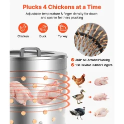 VEVOR Chicken Plucker Machine, 25.6 in Drum, 1200W & 275RPM Electric Chicken Plucking Machine with 158 Soft Fingers & Transport Wheels, Stainless Steel Feather Remover for Processing 4 Chicks Once