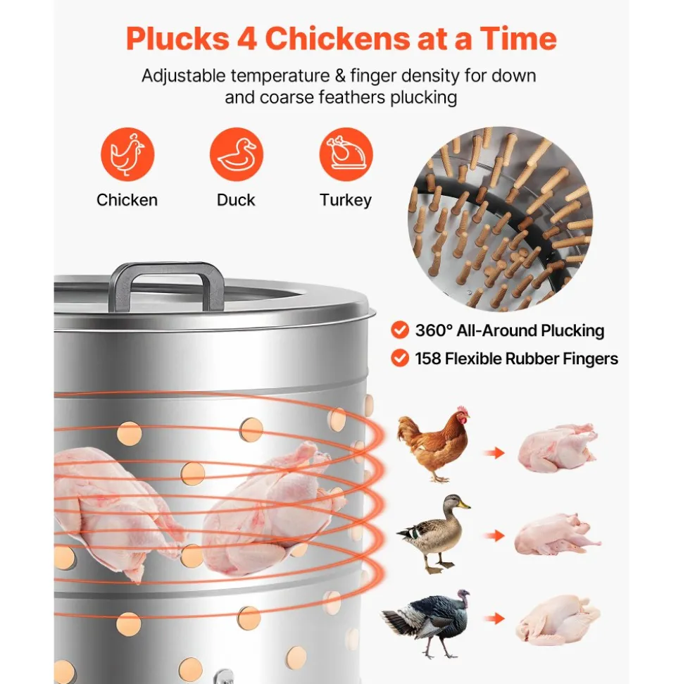 VEVOR Chicken Plucker Machine, 25.6 in Drum, 1200W & 275RPM Electric Chicken Plucking Machine with 158 Soft Fingers & Transport Wheels, Stainless Steel Feather Remover for Processing 4 Chicks Once