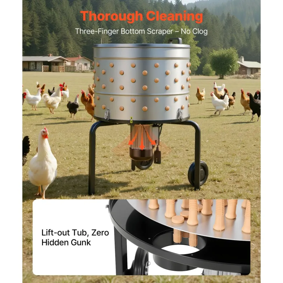 VEVOR Chicken Plucker Machine, 25.6 in Drum, 1200W & 275RPM Electric Chicken Plucking Machine with 158 Soft Fingers & Transport Wheels, Stainless Steel Feather Remover for Processing 4 Chicks Once